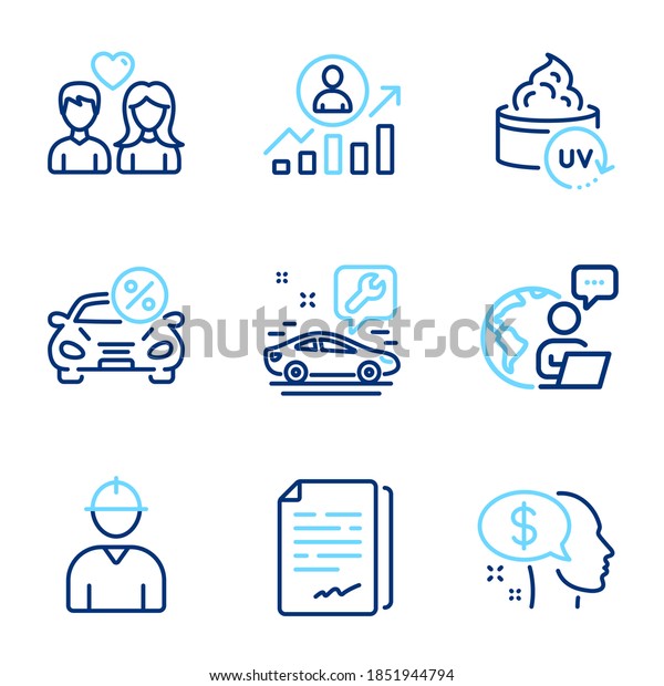 Business\
icons set. Included icon as Couple love, Engineer, Career ladder\
signs. Car leasing, Uv protection, Document signature symbols. Car\
service, Pay line icons. Line icons set.\
Vector