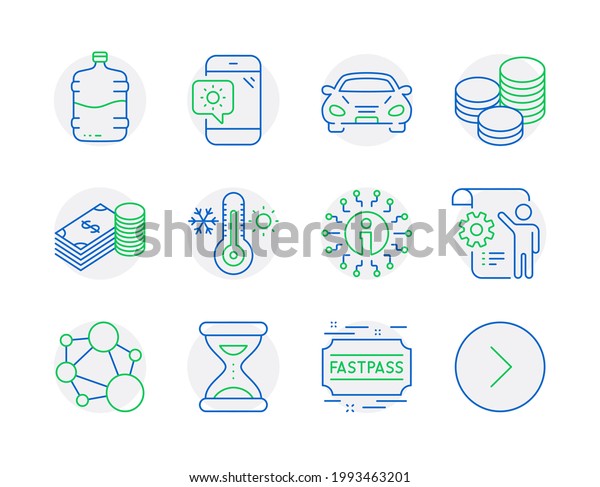 Business icons set. Included icon as Tips,\
Integrity, Time signs. Info, Car, Weather phone symbols. Settings\
blueprint, Thermometer, Cooler bottle. Savings, Fastpass, Forward\
line icons. Vector