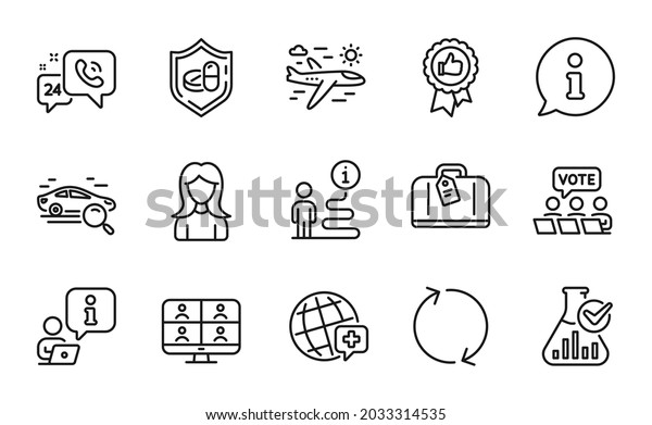 Business icons set. Included icon as World\
medicine, Search car, Refresh signs. Medical tablet, 24h service,\
Woman symbols. Video conference, Airplane travel, Online voting.\
Hand baggage. Vector
