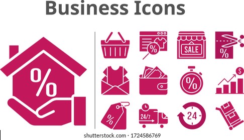 business icons set. included newsletter, profits, shop, wallet, voucher, shopping-basket, delivery truck, trolley, online shop, 24-hours, mortgage, price tag, stopwatch icons. filled styles.