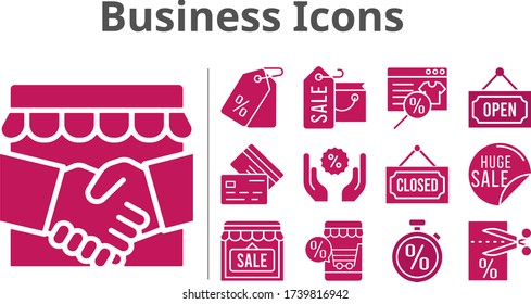business icons set. included online shop, handshake, shopping bag, sale, shop, voucher, price tag, discount, closed, credit card, stopwatch, open icons. filled styles.