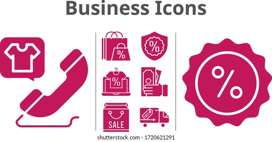 business icons set. included shopping bag, online shop, money, phone call, warranty, discount, delivery truck icons. filled styles.