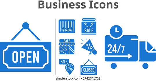 business icons set. included shopping bag, megaphone, shop, closed, placeholder, delivery truck, barcode, open icons. filled styles.