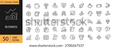 Business icons set. Includes symbols of finance, management, growth, strategy, teamwork, and success. Editable stroke. Vector illustration. Outline icons. Perfect for corporate and marketing.