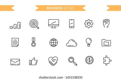 Business icons set isolated. Line art. Editable. Signs and symbols. Modern simple style. Phone, graphic, target, hand, web, like, search, work, job, partnership. Flat style vector illustration.