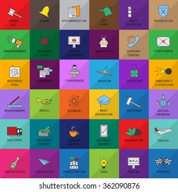 Business Icons Set- Isolated On Background-Vector Illustration,Graphic Design. Collection Of: Education,Science,Music,Fashion,Delivery,Target,Money,Coffee,Growth,Relaxation,Travel,Startup, Certificate