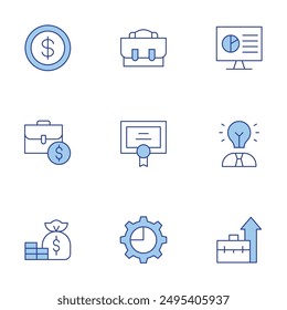 Business icons set. Line Duotone style, editable stroke. business, certificate, pie chart, money, economics, professional, presentation, pioneer.