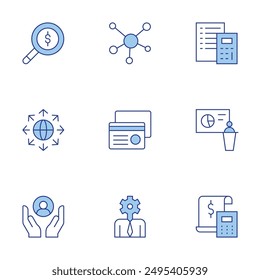 Business icons set. Line Duotone style, editable stroke. business intelligence, credit card, connections, business, calculator, taxes, care, expansion, dollar.