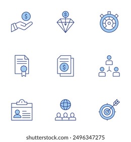 Business icons set. Line Duotone style, editable stroke. diamond, global, file, coordination, growth, performance, id card, hand.