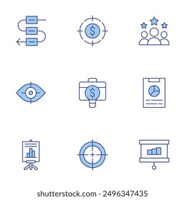 Business icons set. Line Duotone style, editable stroke. target, suitcase, statistics, report, rating, workflow, vision, training.