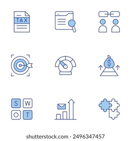 Business icons set. Line Duotone style, editable stroke. stats, speedometer, search, relationship, puzzle, money bag, tax, target, swot analysis.