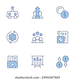 Business icons set. Line Duotone style, editable stroke. growth, presentation, teamwork, currency, profits, tax, business meeting, continuous, education.