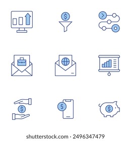 Business icons set. Line Duotone style, editable stroke. give, increase, hired, business, mobile, dollar, product, presentation, piggy bank.