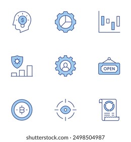 Geschäftssymbole festgelegt. Linienduotonstil, bearbeitbarer Strich. Geschäft, Auge, Tortendiagramm, Rechnung, Balkendiagramm, offenes Schild, Geld, Risikomanagement.