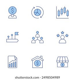 Business icons set. Line Duotone style, editable stroke. business, family, pie chart, bar chart, outstanding, my business, business report, lead, roadmap.