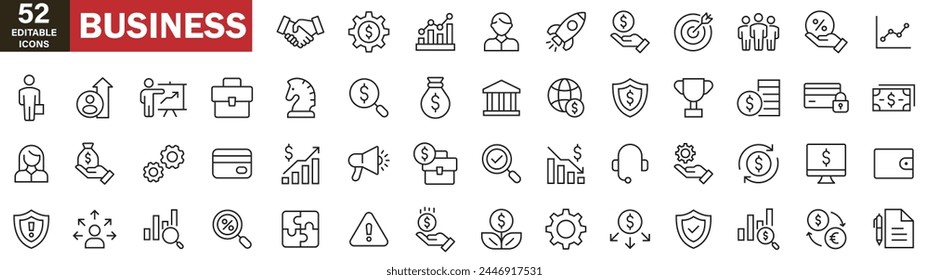 Business icons set, business line icons, money, bank, contact, office, finance, marketing, shopping, seo, teamwork, management, human resources, meeting, partnership, workgroup, success, resume, 