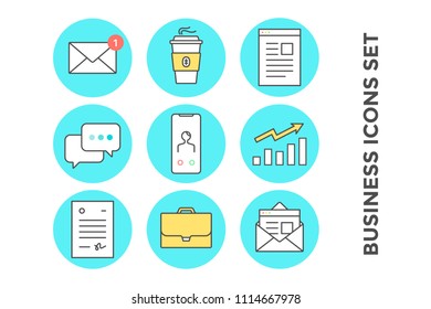 Business icons set. Icons in line style graphic for business theme - mail, envelope, coffee, letter, message chat, smartphone, growth chart, document, briefcase. Vector Illustration