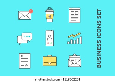 Business icons set. Icons in line style graphic for business theme - mail, envelope, coffee, letter, message chat, smartphone, growth chart, document, briefcase. Vector Illustration