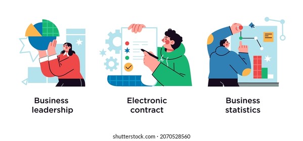 Business icons set. Market success, digital paperwork, corporate research. Business leadership, electronic contract, business statistics metaphors.