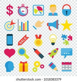 Business icons set on transparent. Flat vector cartoon illustration. Objects isolated on white background.