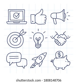 Business icons set part 2. Doodle icons. Laptop like megaphone target light bulb handshake clouds rocket piggy bank. Vector illustration