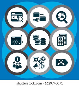 Business icons set with pingback, clean code, page rank badge and other advertisement elements. Isolated vector illustration business icons.