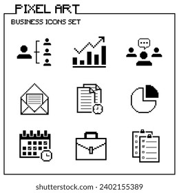 Business icons set pixel art style