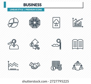 Business Icons Set - Portionsdiagramm, Spinnendiagramm, Clubkarte, Geschichte, Arbeitspartner Kontur Vektorgrafik Sammlung.