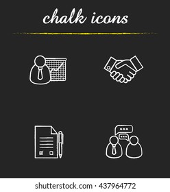 Business icons set. Presentation with graph, handshake agreement symbol, signed contract with pen, business conversation. Isolated vector chalkboard illustrations