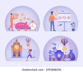 Business icons set. The process from idea to successful project implementation. Banking and financial transactions. Profitable investment of money, protection of confidentiality. Vector illustration..