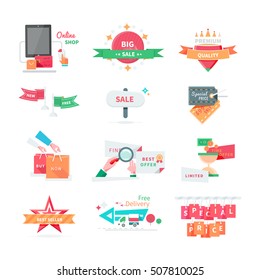 Business icons set. Sale, best offer, special price, best seller, premium quality, free delivery, limited time offer, buy now flat vector icon isolated on white. For online store sale, discount promo 