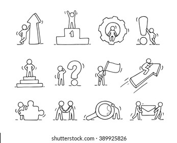 Business icons set of sketch working little people with arrow, flag, gear. Doodle cute miniature scenes of workers. Hand drawn cartoon vector illustration for business design and infographic.