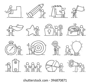 Business icons set of sketch working little people with lamp idea, target. Doodle cute miniature scenes of workers. Hand drawn cartoon vector illustration for business design and infographic.