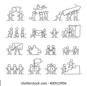 Business icons set of sketch working little people with puzzle, teamwork. Doodle cute miniature scenes of workers. Hand drawn cartoon vector illustration for business design and infographic.