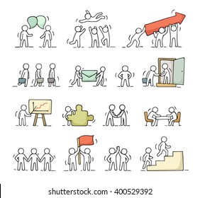 Business Icons Set Of Sketch Working Little People With Puzzle, Teamwork. Doodle Cute Miniature Scenes Of Workers. Hand Drawn Cartoon Vector Illustration For Business Design And Infographic.