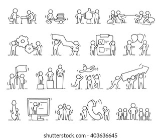 Business Icons Set Of Sketch Working Little People With Gear, Arrow. Doodle Cute Miniature Scenes Of Workers. Hand Drawn Cartoon Vector Illustration For Business Design And Infographic.