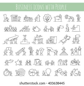 Business Icons Set Of Sketch Working Little People With Money, Teamwork. Doodle Cute Miniature Scenes Of Workers. Hand Drawn Cartoon Vector Illustration For Business Design And Infographic.
