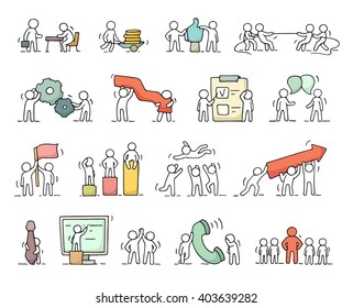 Business icons set of sketch working little people with gear, arrow. Doodle cute miniature scenes of workers. Hand drawn cartoon vector illustration for business design and infographic.