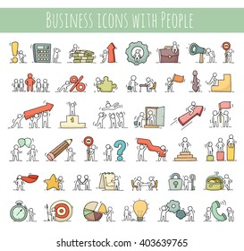 Business Icons Set Of Sketch Working Little People With Money, Teamwork. Doodle Cute Miniature Scenes Of Workers. Hand Drawn Cartoon Vector Illustration For Business Design And Infographic.