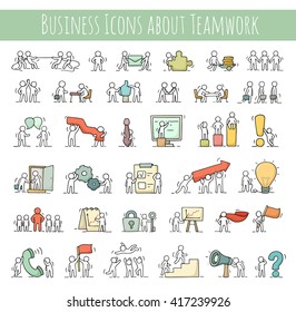 Business icons set of sketch working little people with gear, arrow. Doodle cute miniature scenes of workers. Hand drawn cartoon vector illustration for business design and infographic.