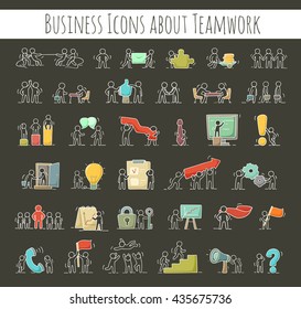 Business icons set of sketch working little people with gear, arrow. Doodle cute miniature scenes of workers. Hand drawn cartoon vector illustration for business design and infographic.