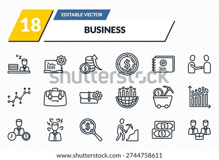 business icons set - sleepy worker at work, laptop analysis, money investment, american dollar bill, men couple outline vector collection.