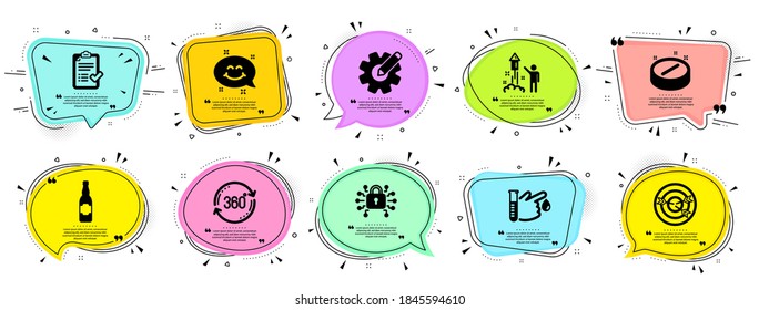 Business-Symbole gesetzt. Sprechblase bietet Banner an. Vektor-Coupon-Badge. Einschließlich Symbol als Targeting, Medical Tablette, Sicherheitsschloss-Zeichen. Feuerwerke, Lächelchat, Cograd-Symbole. Vektorgrafik