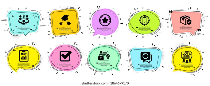 Business icons set. Speech bubble offer banners. Vector coupon badge. Included icon as Loyalty star, Parcel insurance, Meeting signs. Security contract, Recovery data, Checkbox symbols. Vector