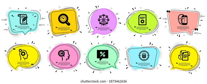 Business icons set. Speech bubble offer banners. Vector coupon badge. Included icon as Ferris wheel, Writer, Face biometrics signs. File settings, Thoughts, Bureaucracy symbols. Vector