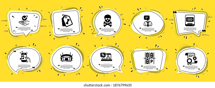 Business icons set. Speech bubble offer banners. Yellow coupon badge. Included icon as Arena stadium, Music phone, Chemical hazard signs. Online loan, Construction document, Approved symbols. Vector