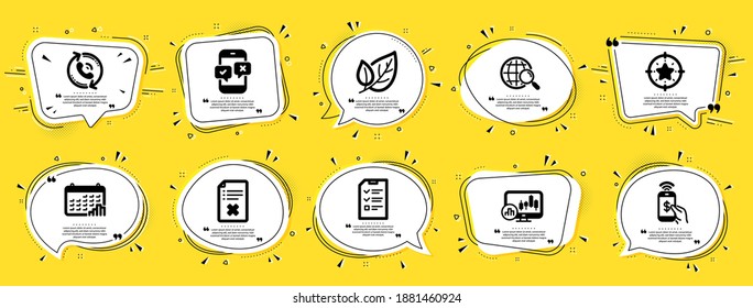 Business icons set. Speech bubble offer banners. Yellow coupon badge. Included icon as Reject file, Phone survey, Call center signs. Web search, Interview, Calendar graph symbols. Vector