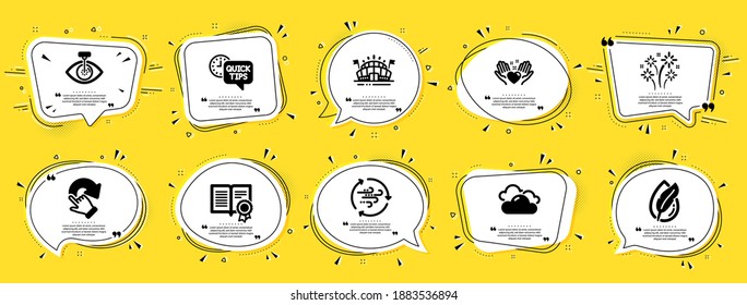 Business icons set. Speech bubble offer banners. Yellow coupon badge. Included icon as Hypoallergenic tested, Eye laser, Diploma signs. Fireworks, Wind energy, Rotation gesture symbols. Vector