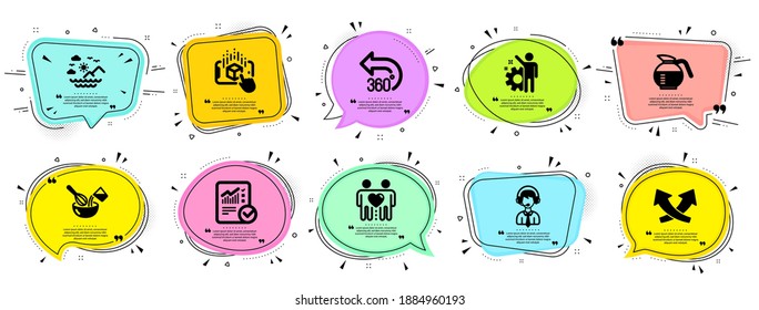 Business icons set. Speech bubble offer banners. Vector coupon badge. Included icon as Intersection arrows, Cooking whisk, 360 degrees signs. Vector