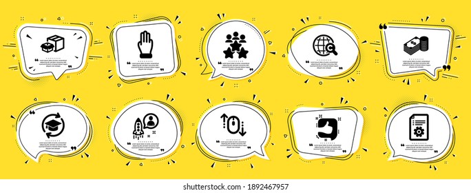 Business icons set. Speech bubble offer banners. Yellow coupon badge. Included icon as Business meeting, Like, Savings signs. Vector